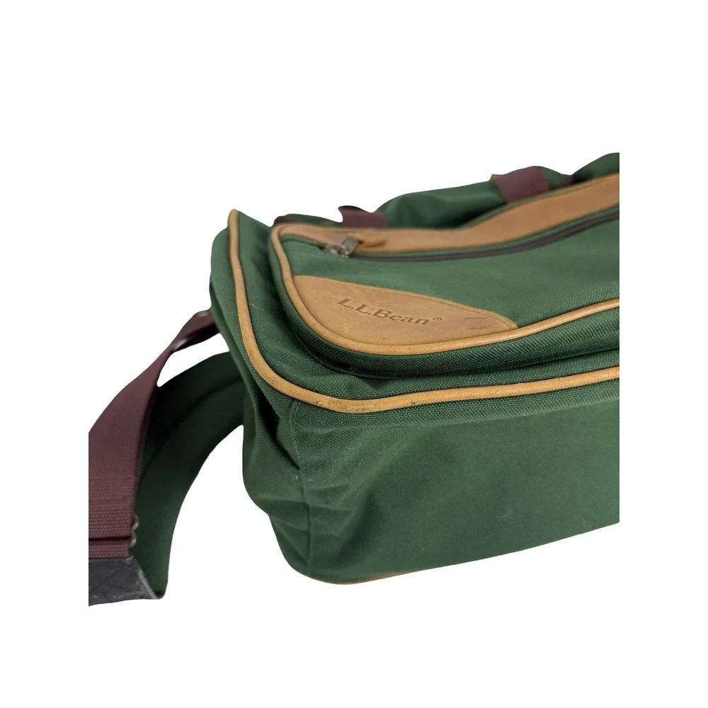LL Bean Duffle Bag Carry On Small Green Canvas & Leather Straps Vintage